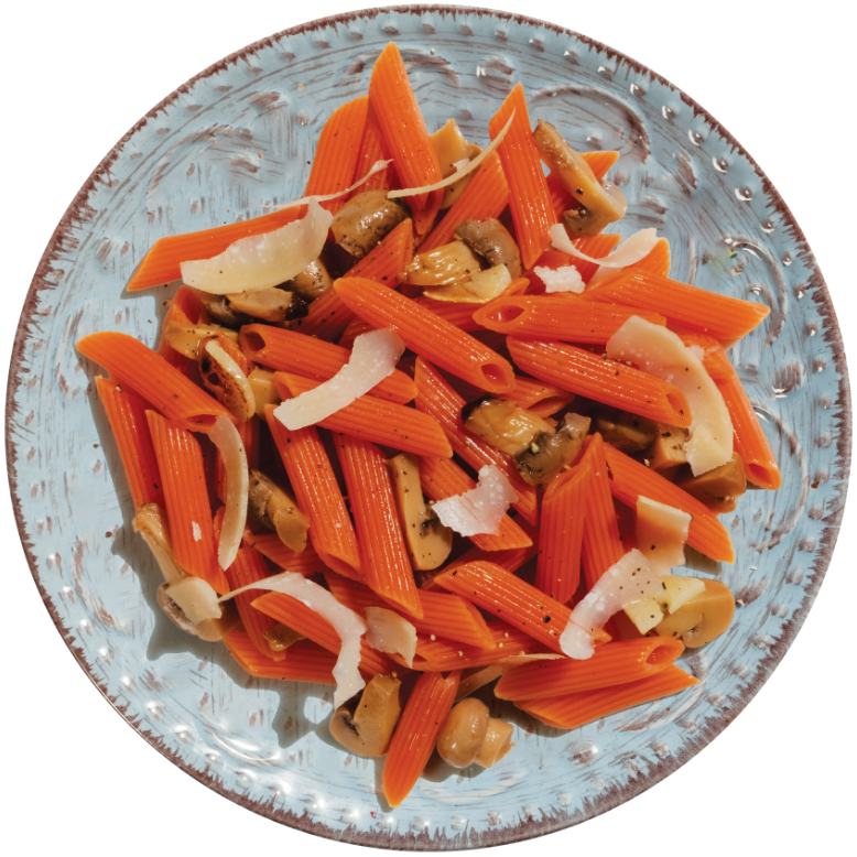 Penne aux lentilles rouges avec champignons et ail